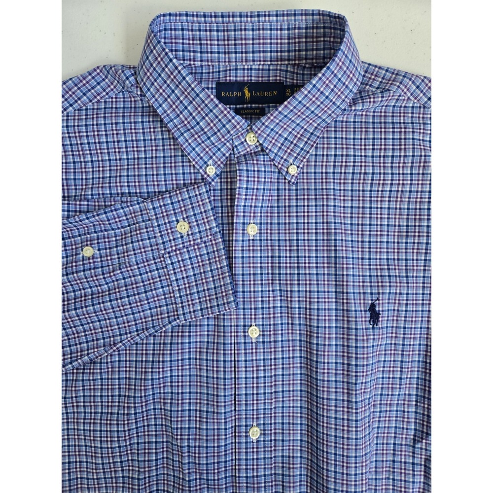 Ralph Lauren Men's XL Classic Fit Blue Purple Mini Plaid Long Sleeve Button Down